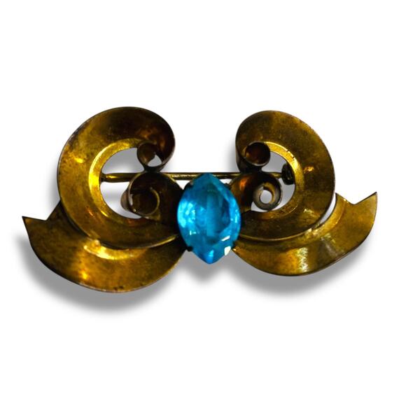 Vintage White Co Signed Gold Filled Brooch 1.75 Inch Bow Swirl Aqua - Picture 5 of 7